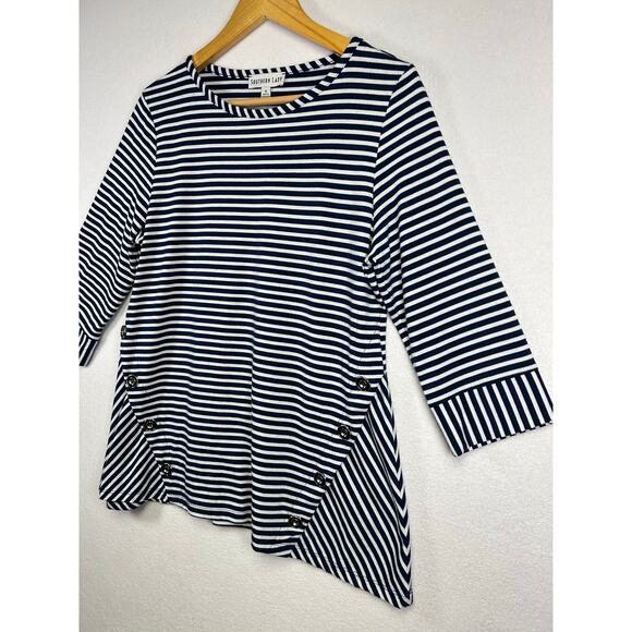 Southern Lady navy blue & white striped tunic  size small New England nautical￼ - Picture 3 of 8